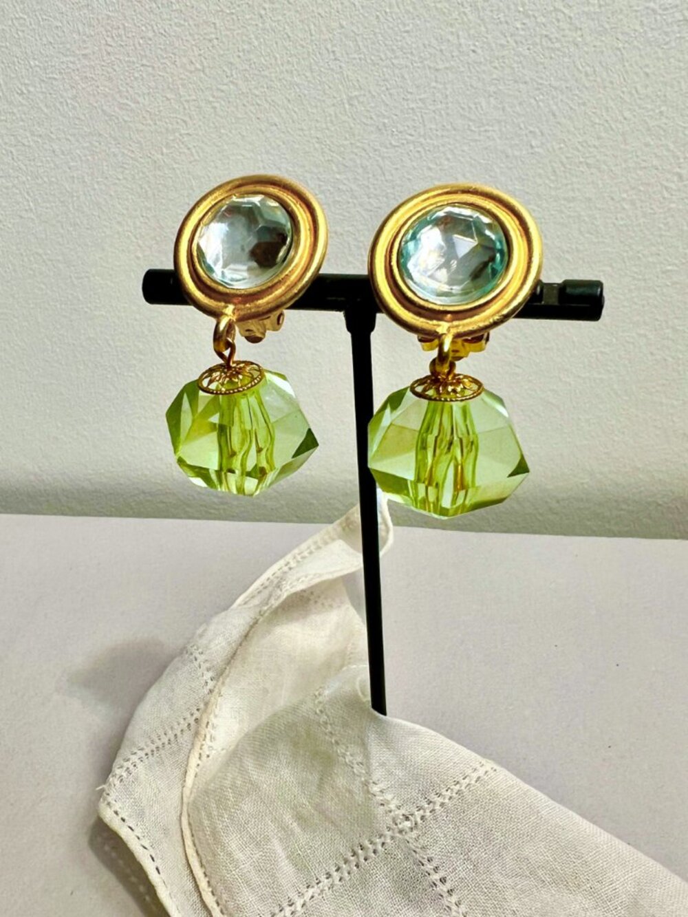 Vintage 80s Chartreuse Lucite Drop Clip Earrings Gold Tone Aurora Borealis State